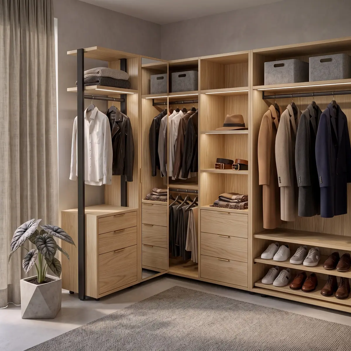 Vestidor de fresno con baldas abiertas, cajones y barras para colgar ropa